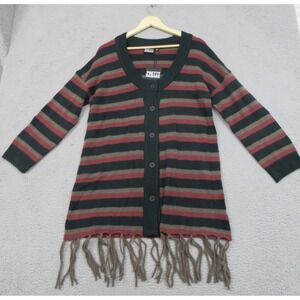 Pretty Damage Cardigan Sweater Womens Small Stripe Fringe Hem‎ Button Front Knit
